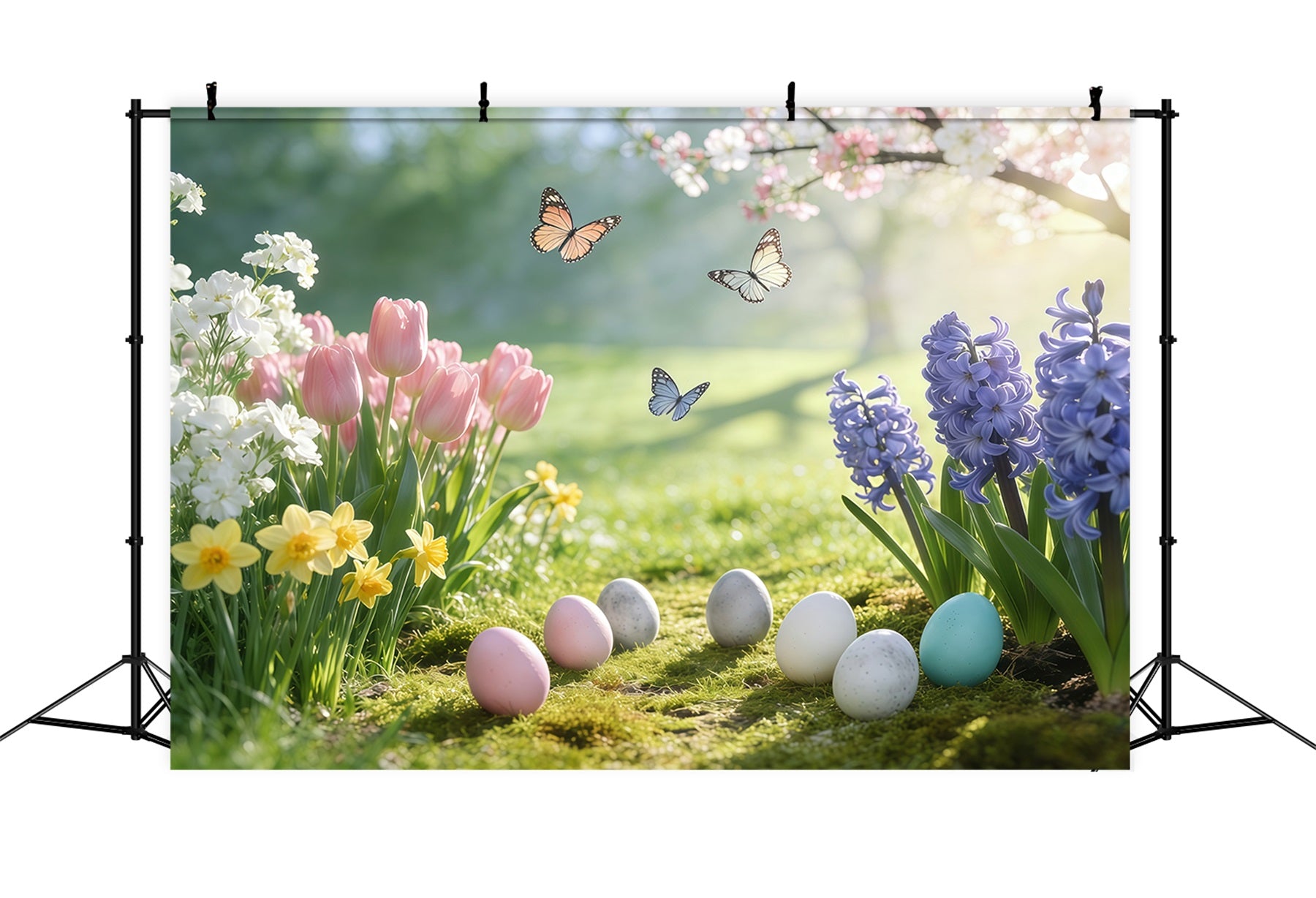 Oster-Hintergrund Natur Fotografie Frühlingswiese Schmetterlinge Eier Oster-Hintergründe GQ61-53