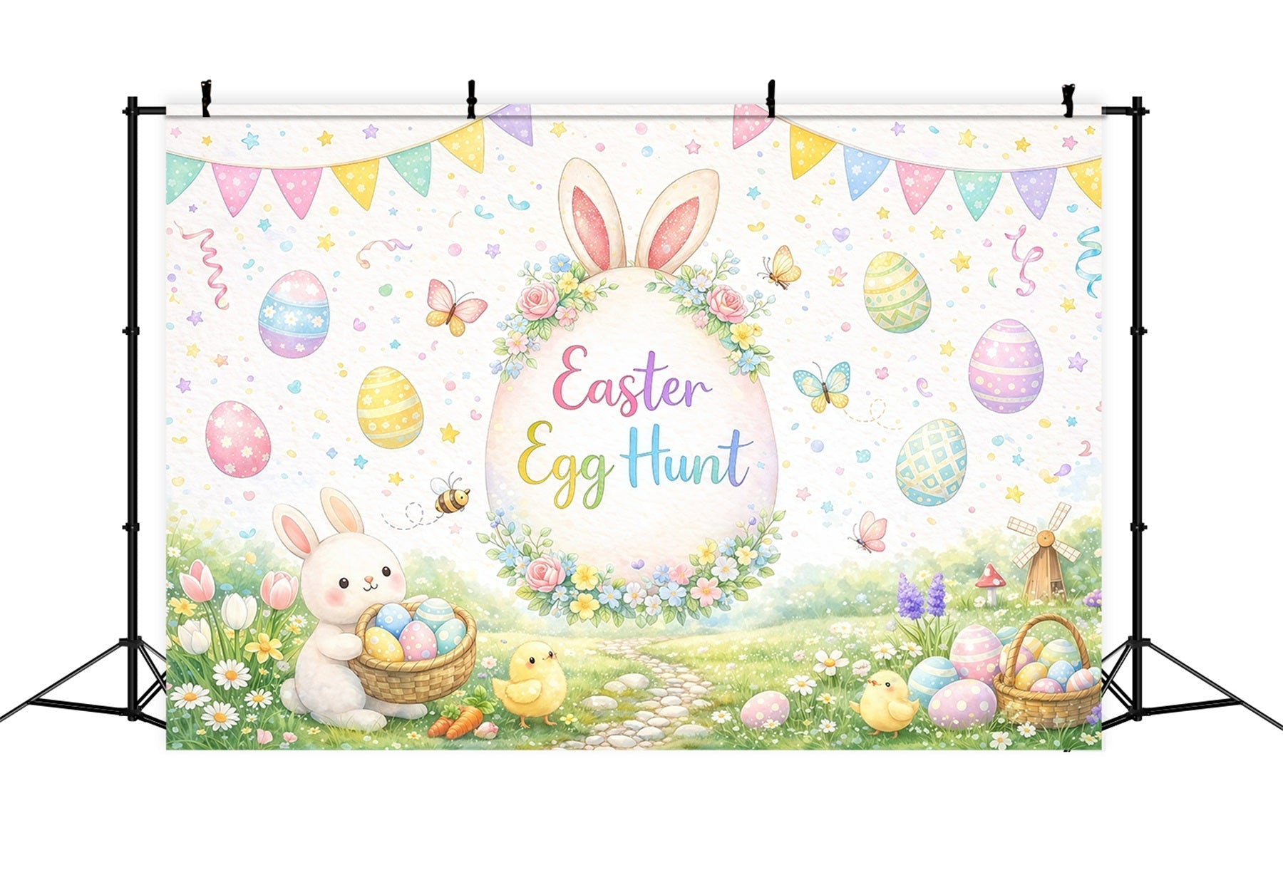 Oster-Eiersuche-Hintergrund Aquarell Garten Hase Küken Oster-Hintergründe GQ61-54