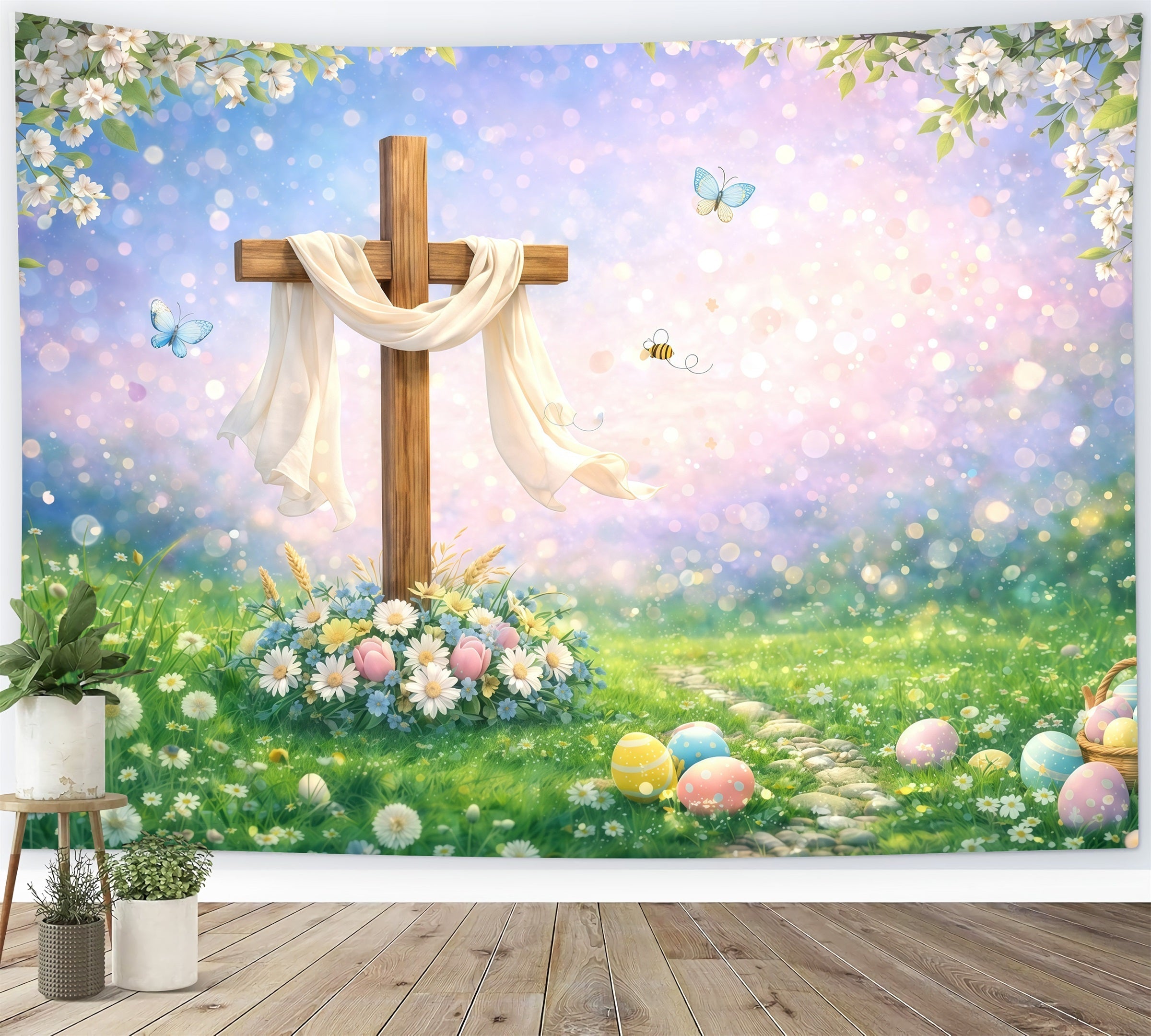 Oster-Hintergrund Religion Holzkreuz Frühlingswiese Bokeh Oster-Hintergründe Ideen GQ61-55