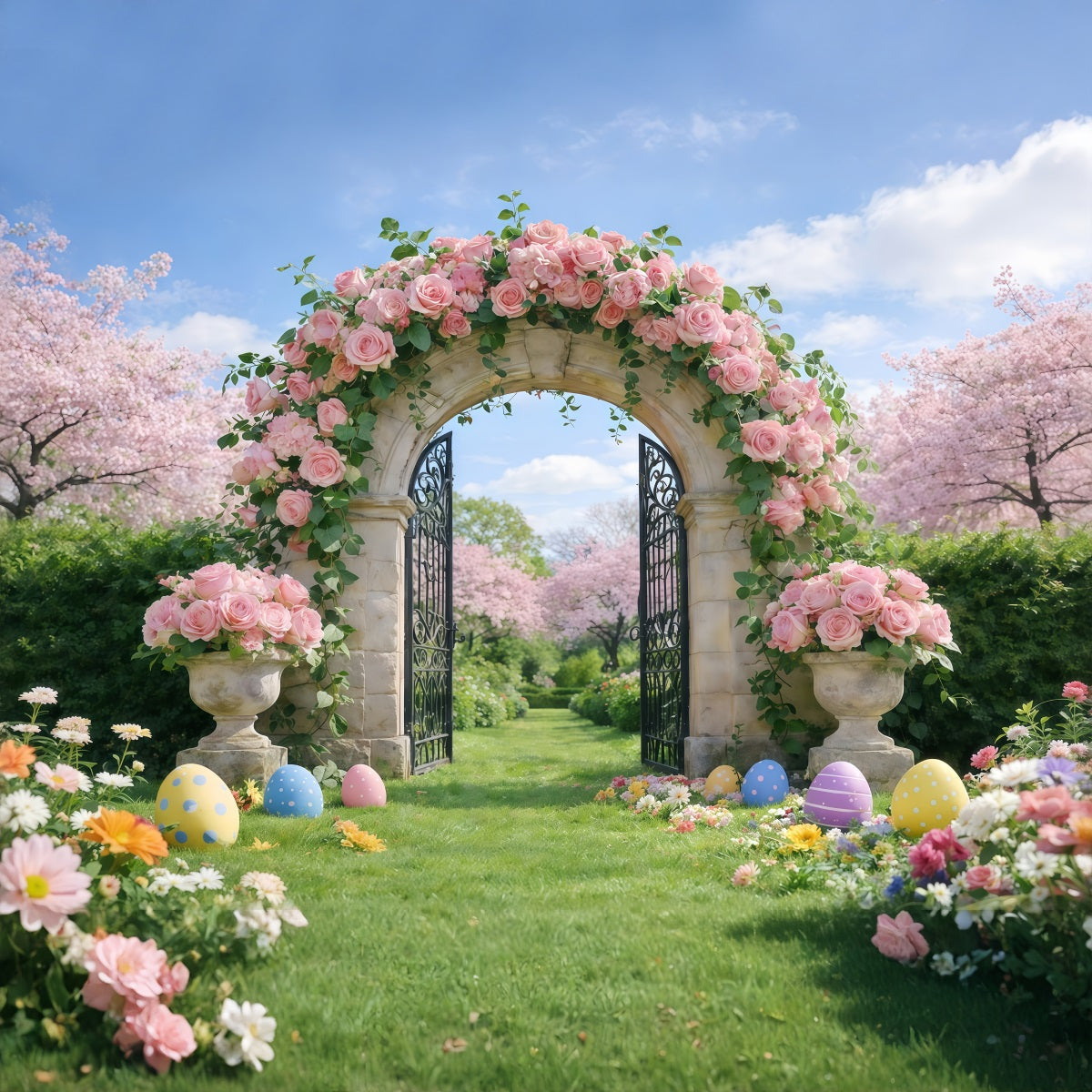 Oster-Hintergrund mit Frühlingsgartenbogen Wildblumenstrauß Gras Einfache Oster-Hintergründe GQ61-58