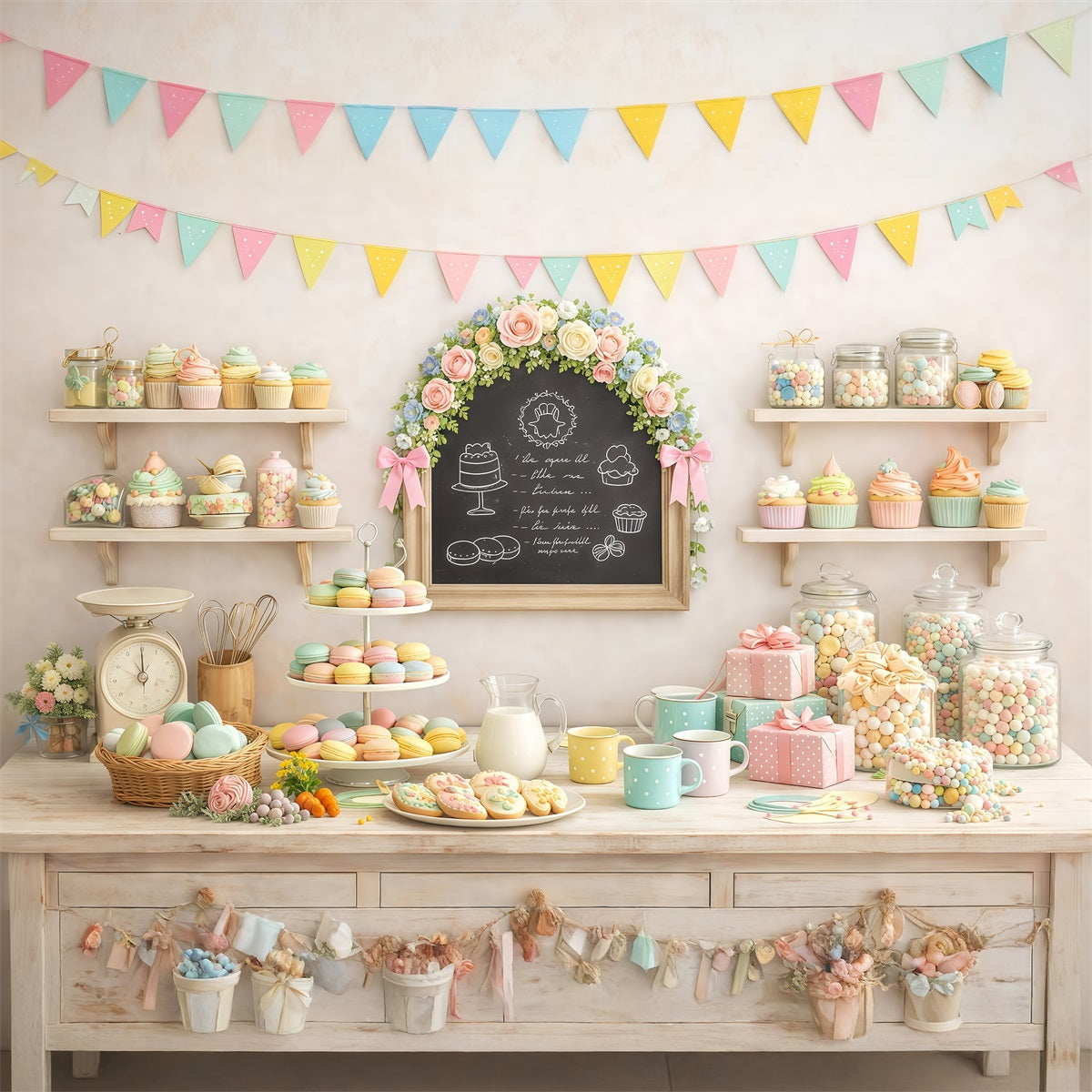 Oster-Desserttisch-Hintergrund Pastellfarbene Macarons Cupcakes Süßigkeiten Oster-Hintergründe für draußen GQ61-59