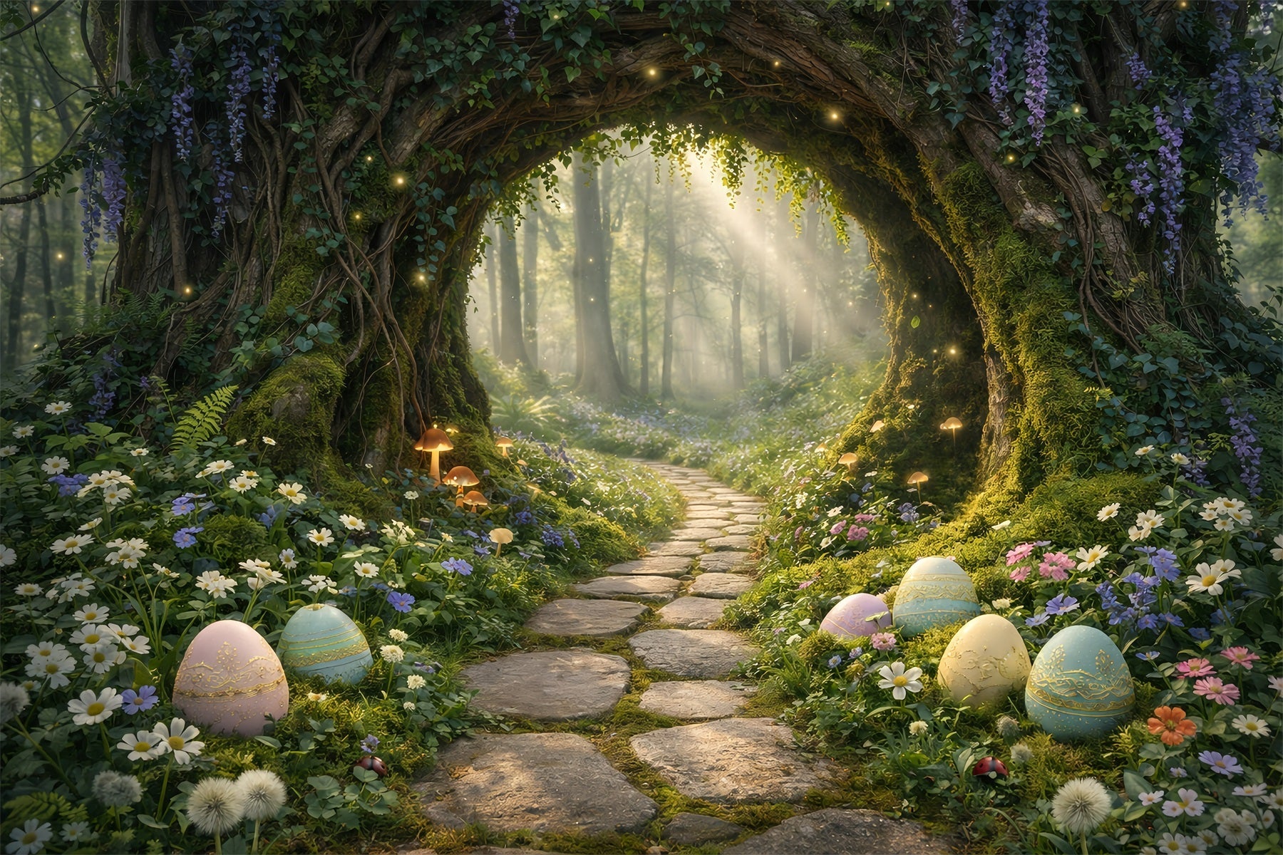 Oster-Waldweg-Hintergrund Zauberwald-Tunneleingang Osterbilder-Hintergrund GQ61-61