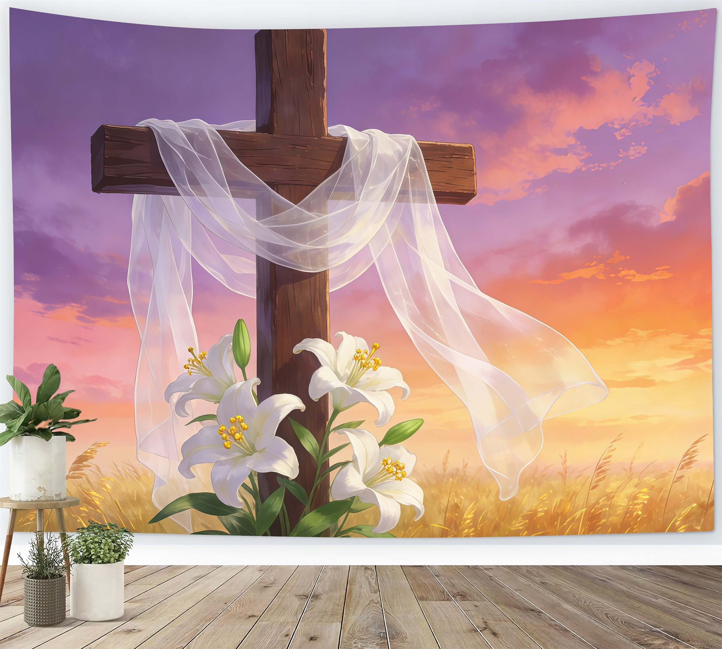 Oster-Kreuz und Lilien-Hintergrund Auferstehungskreuz Goldener Himmel Frohe Ostern-Hintergründe GQ61-63