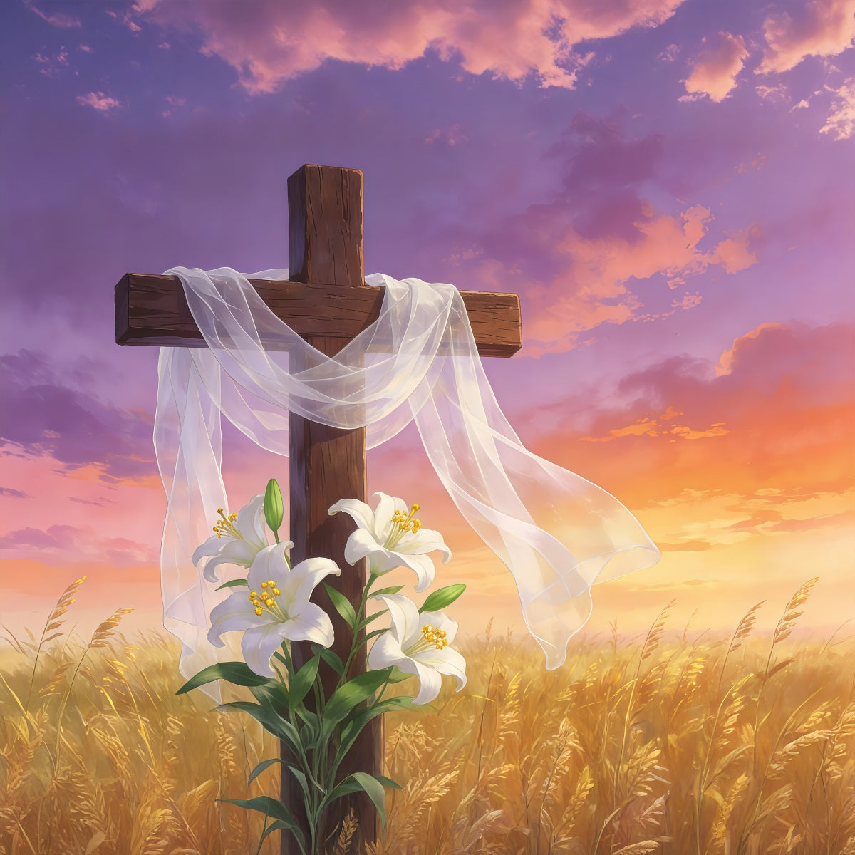Oster-Kreuz und Lilien-Hintergrund Auferstehungskreuz Goldener Himmel Frohe Ostern-Hintergründe GQ61-63