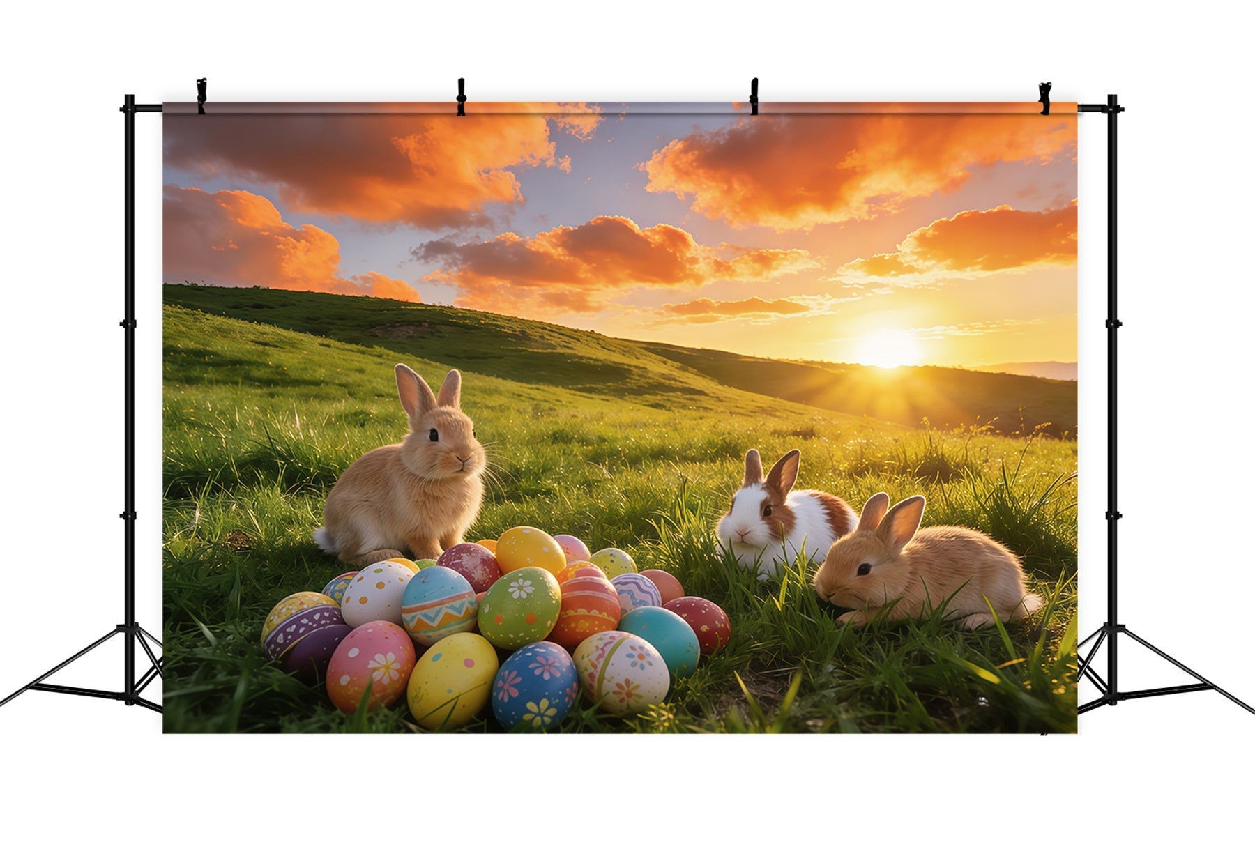 Oster-Sonnenaufgang-Feld-Hintergrund Hasen sammeln Eier Wiese Ostern 2026 Hintergrund GQ61-64