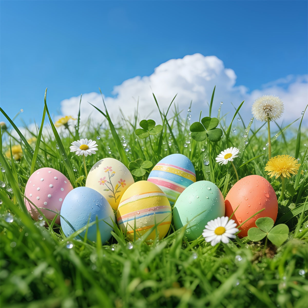 Osterhintergrund mit blauem Himmel, Frühlingsgras und pastellfarbenen Eiern Ideen für Osterhintergründe für Fotokabinen GQ61-65