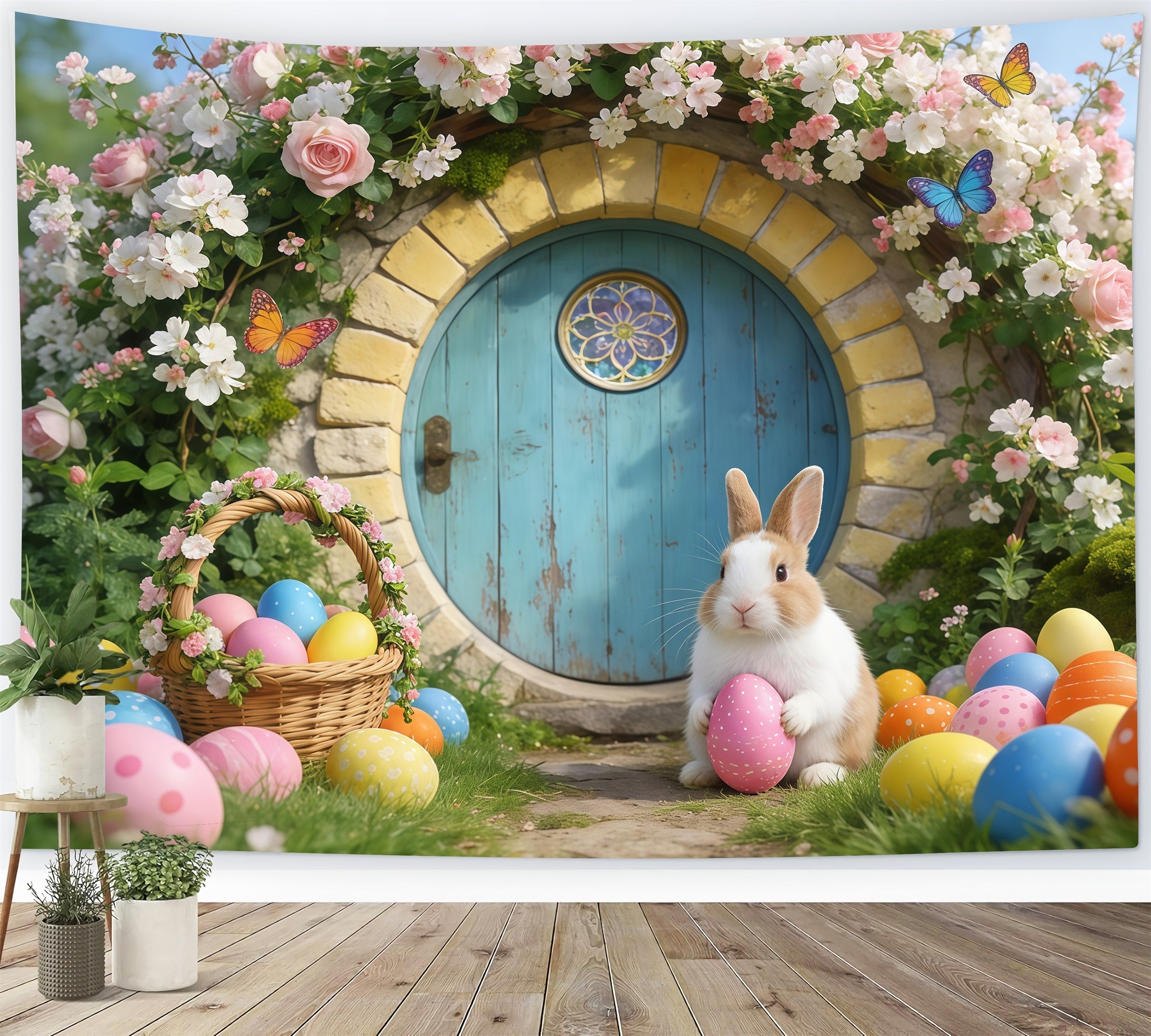Osterhase-Höhle-Hintergrund Märchenhaus Blumenbogen Oster-Hintergrund Fotos GQ61-68