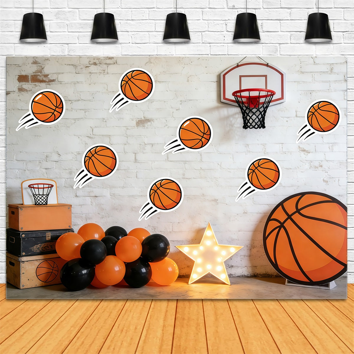 Basketball-Hintergrund für Fotografie Cartoon-Ball Backsteinmauer Sportfoto-Hintergrund GQ61-83