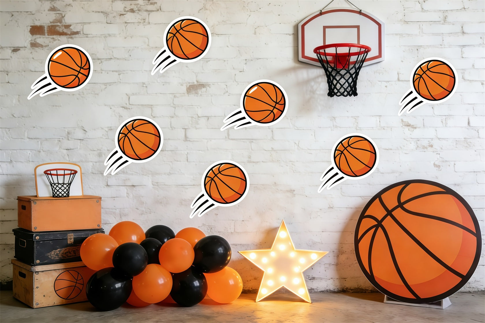 Basketball-Hintergrund für Fotografie Cartoon-Ball Backsteinmauer Sportfoto-Hintergrund GQ61-83