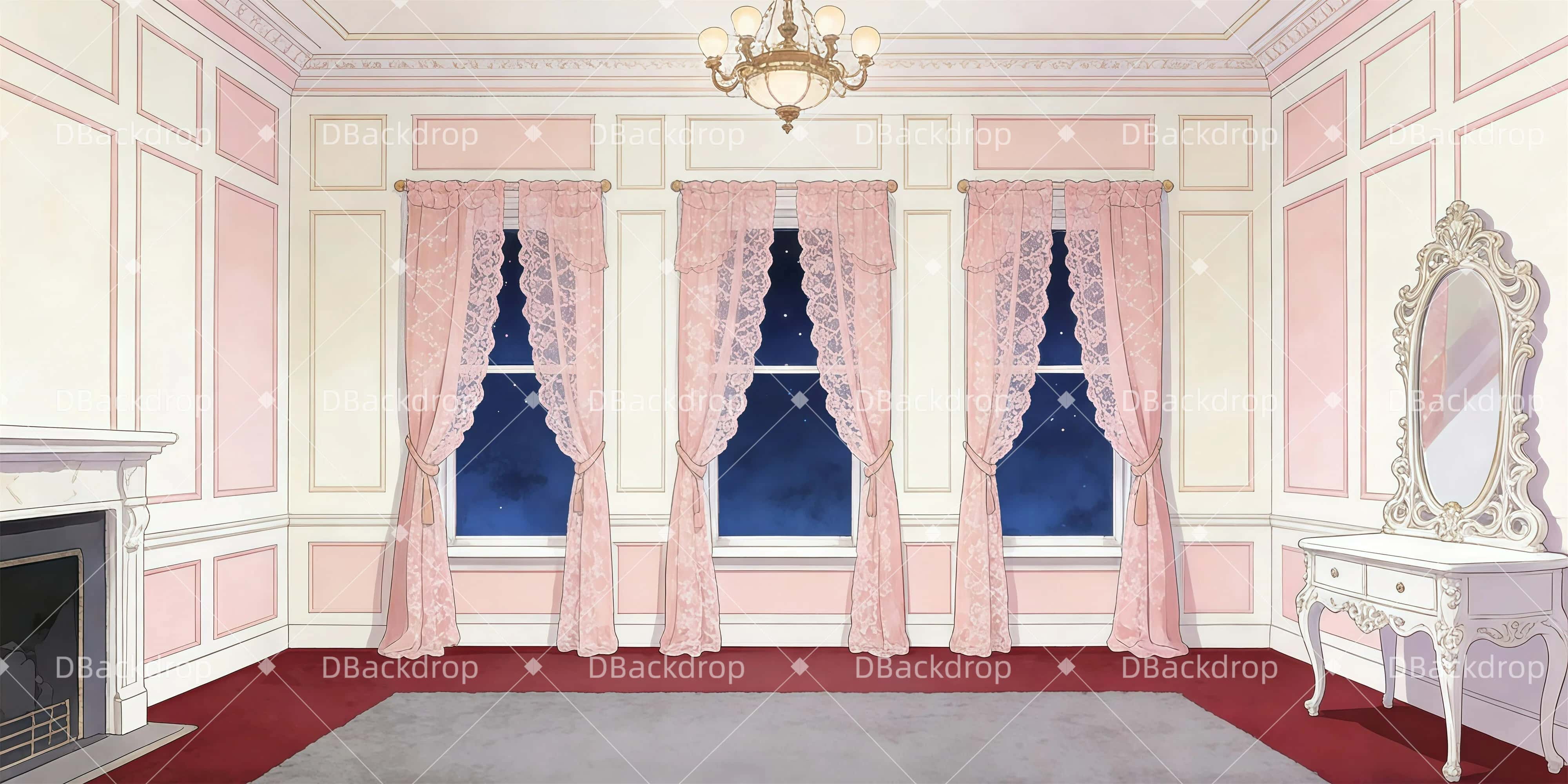 Theatervorhang offen Luxuriöses Schlafzimmer Bühnenhintergrund beim Theater GQ61-T26