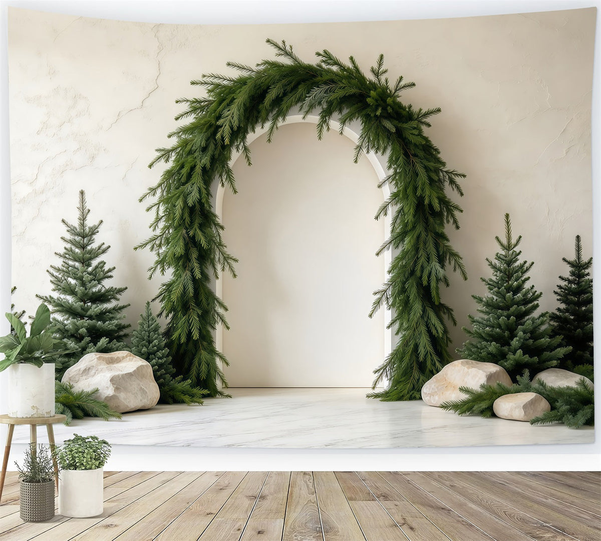 Weihnachtsbaum-Fotohintergrund Üppiger Immergrüner Girlandenbogen GQ610-100
