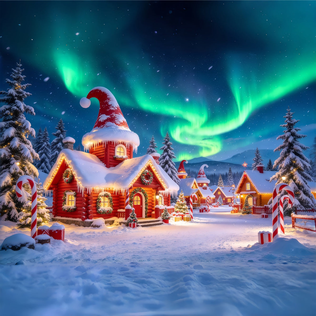Weihnachtlicher Elfen-Hintergrund Polarlicht Verschneites Dorf GQ610-102