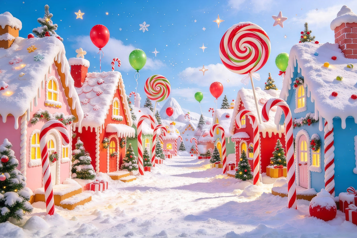 Weihnachtlicher Süßigkeitenland-Hintergrund Riesige Lutscher Süßigkeiten-Dorf GQ610-106