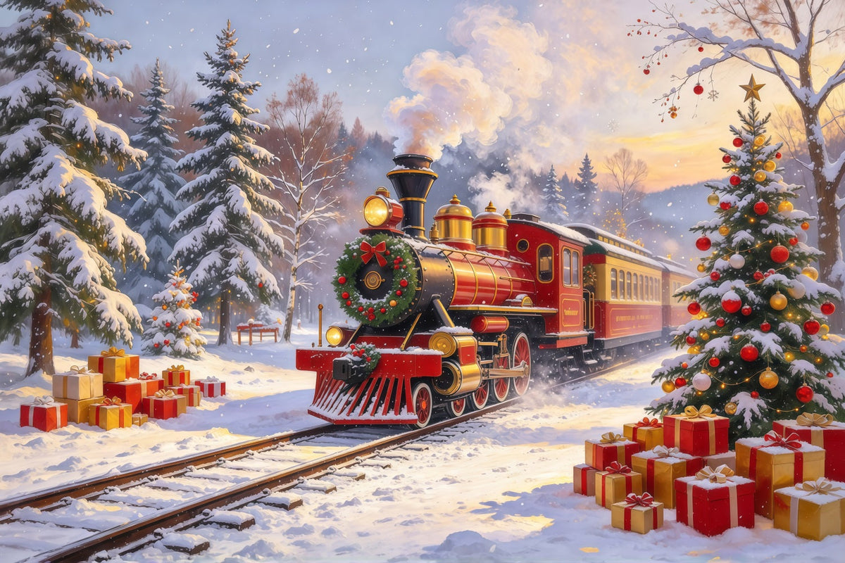 Professioneller Weihnachtshintergrund Rote Dampflok Schneefall Weihnachtsdorf GQ610-107