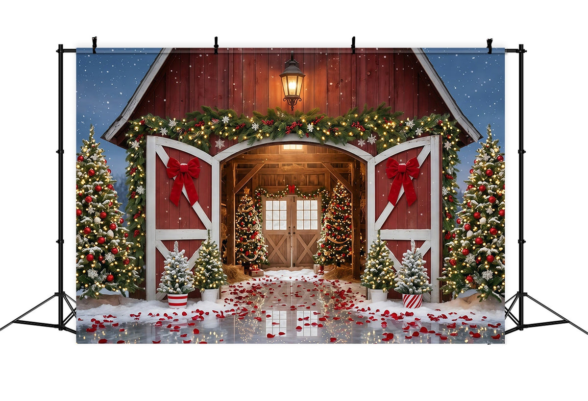 Weihnachtsbaumfarm-Hintergrund Roter Scheuneneingang Festlich GQ610-112
