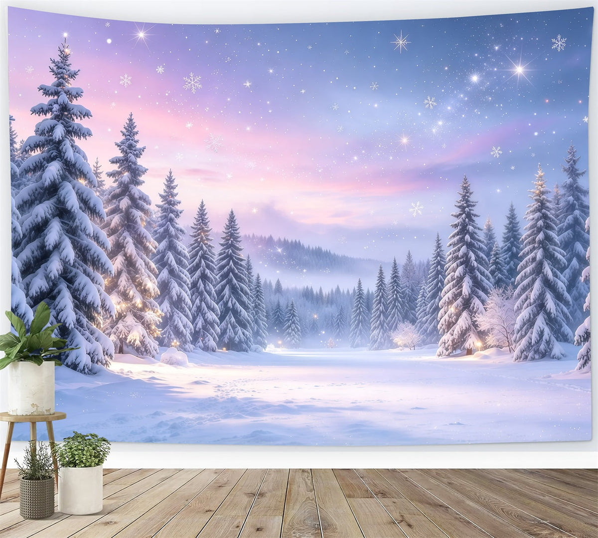 Weihnachtsbaum Hintergrund Lavendelfarbene Dämmerung Verschneiter Wald GQ610-12