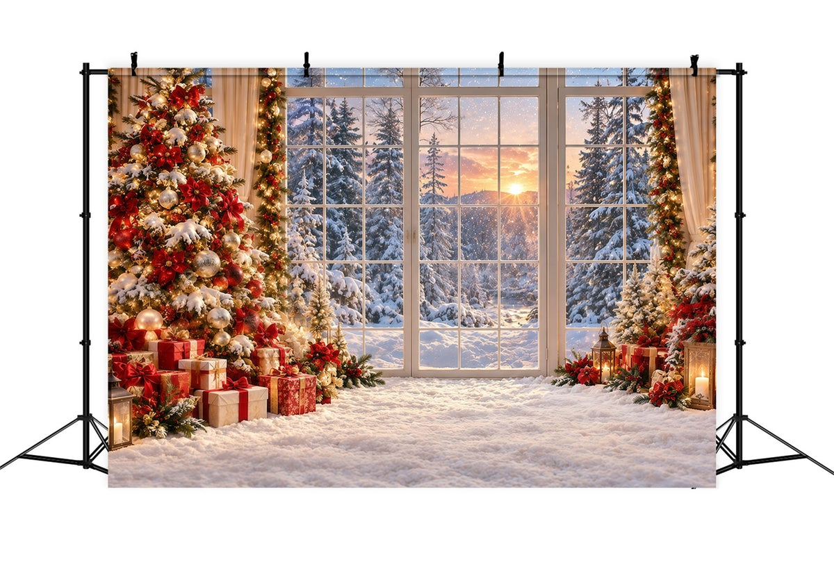 Weihnachtswald-Hintergrund Goldener Sonnenuntergang Verschneites Fenster GQ610-123
