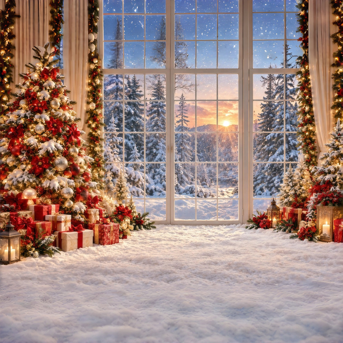 Weihnachtswald-Hintergrund Goldener Sonnenuntergang Verschneites Fenster GQ610-123