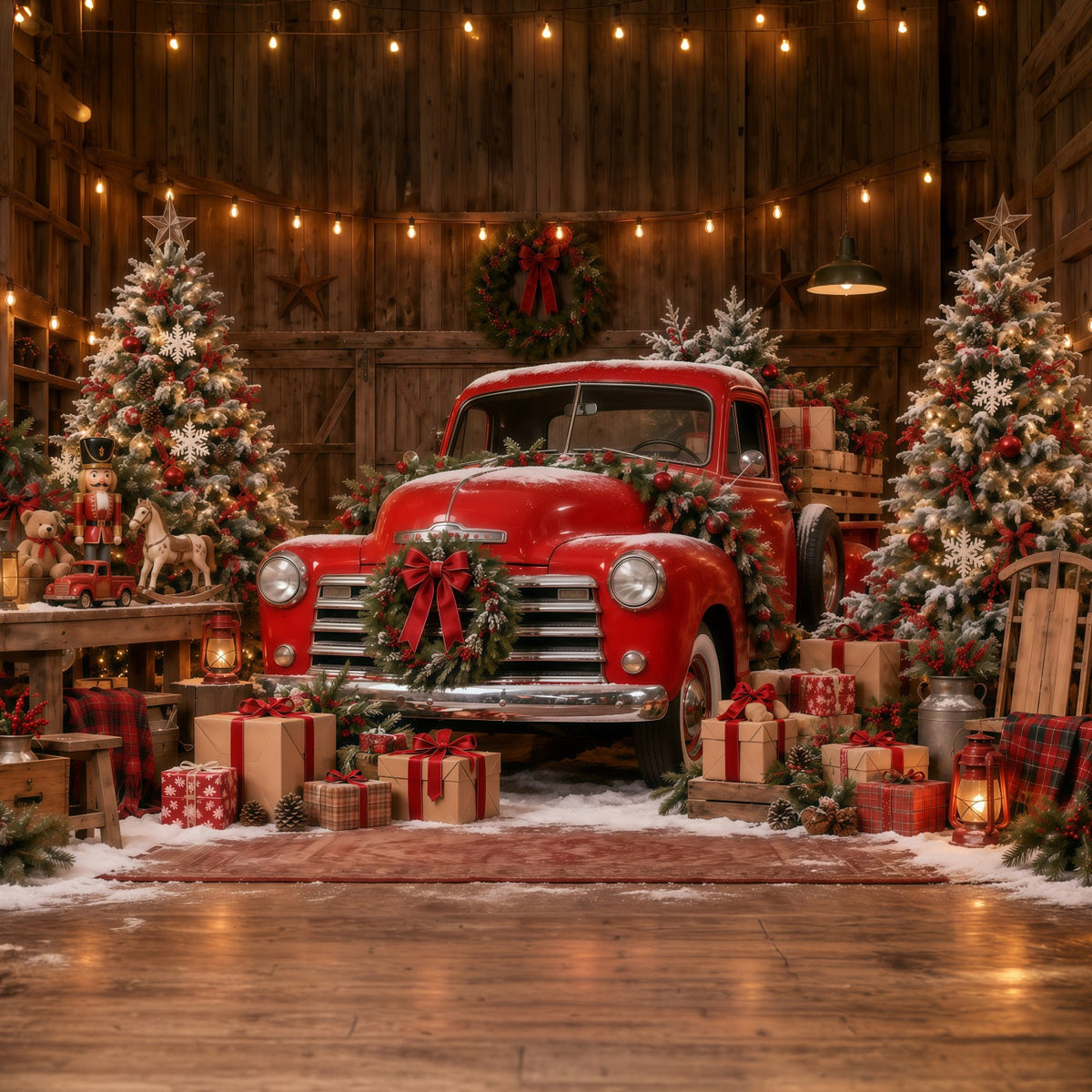 Weihnachtlicher Fotohintergrund Vintage-Roter Truck Werkstatt Frohe Weihnachten GQ610-124