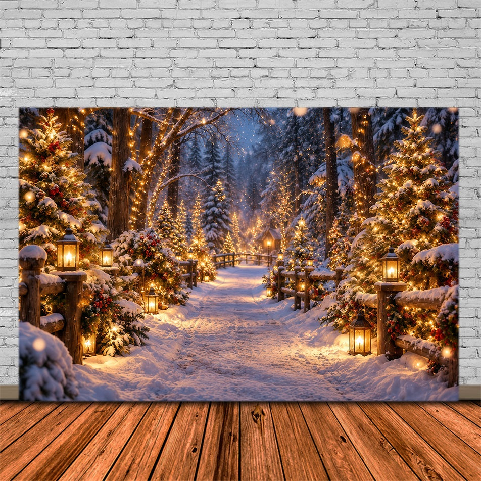 Weihnachtsbaumfarm-Fotohintergrund Leuchtende Laternen Verschneiter Wald GQ610-130