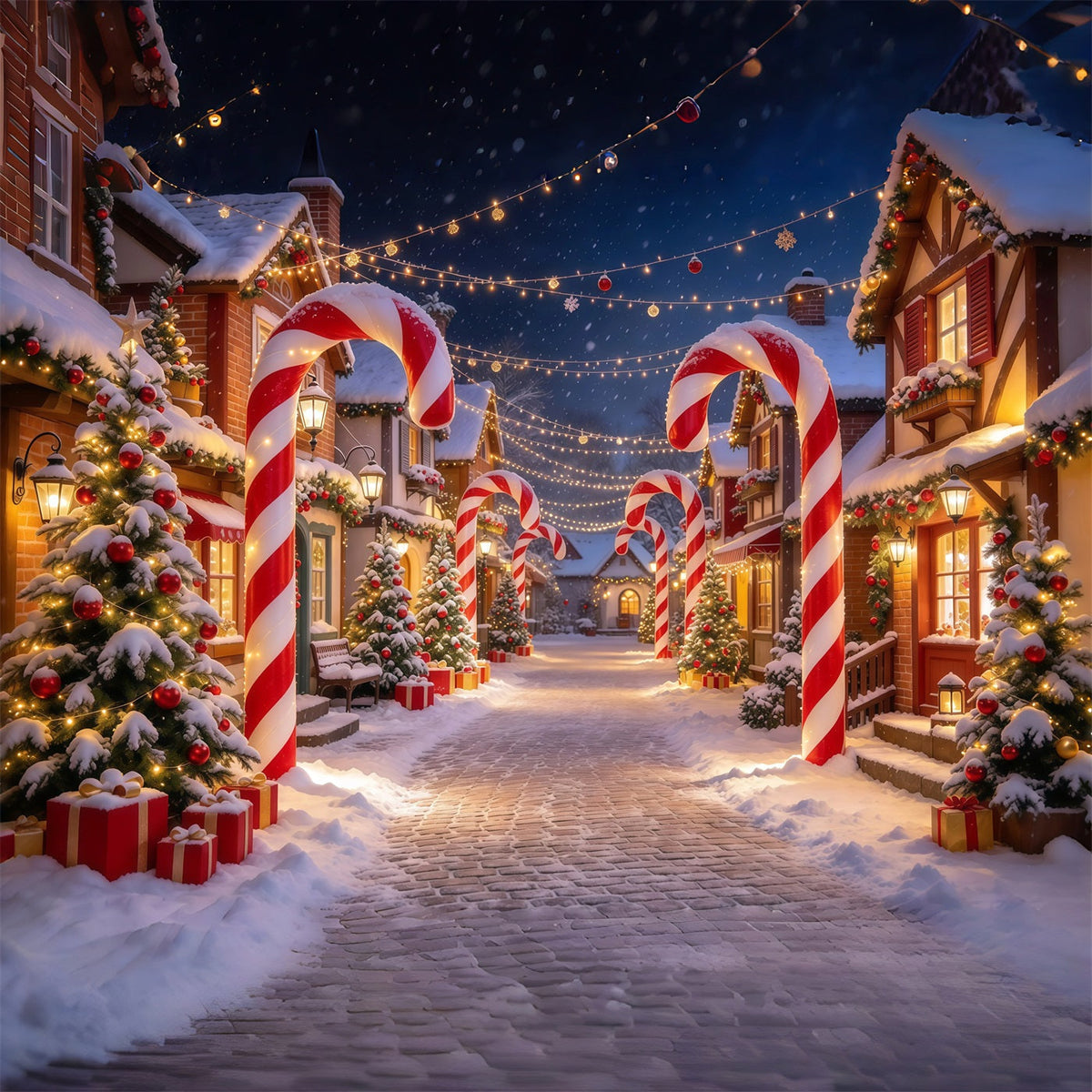 Weihnachtsdorf Hintergrund Verschneite Zuckerstangen Straße GQ610-14