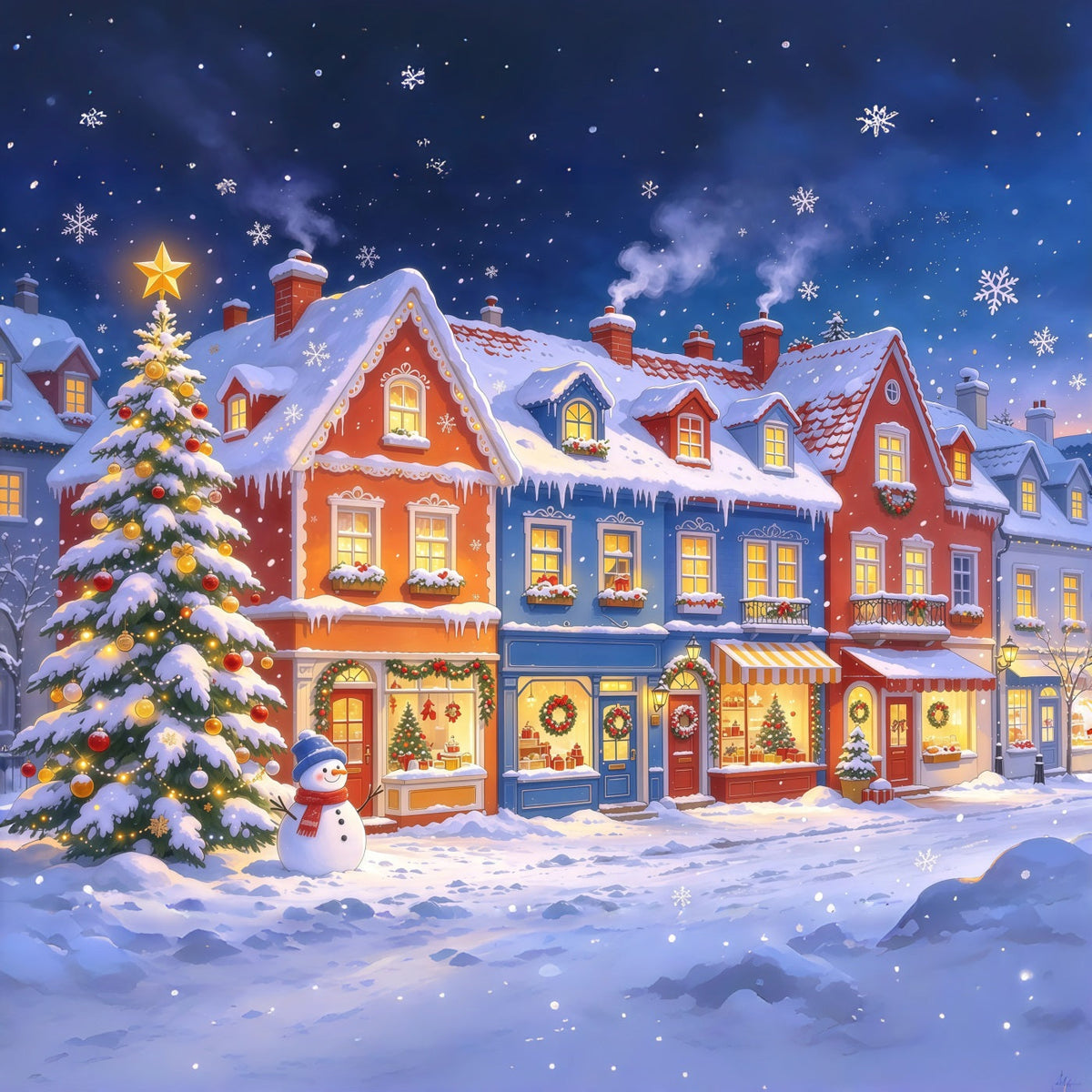 Weihnachtsstadt Hintergrund Verschneite Bunte Dorfläden GQ610-17