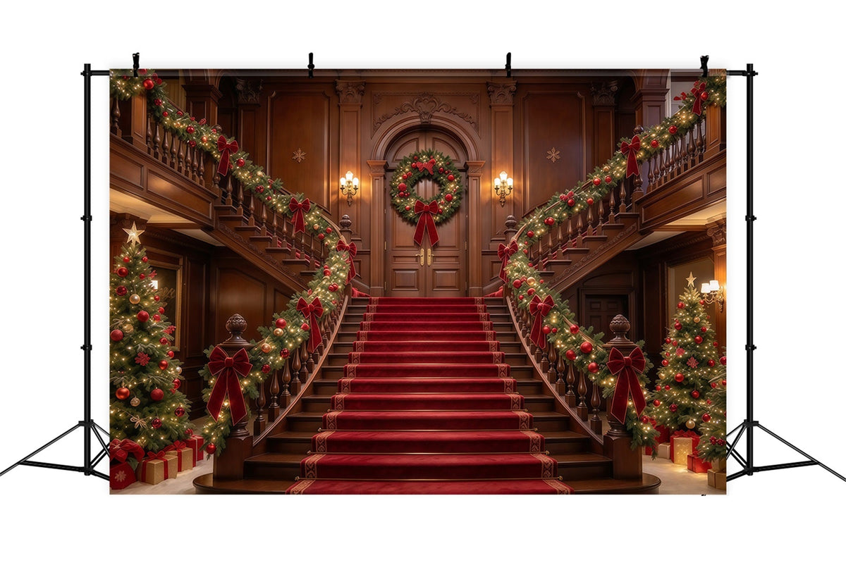 Weihnachtlicher Szenenhintergrund Girlandengeschmückte Große Holztreppe GQ610-25