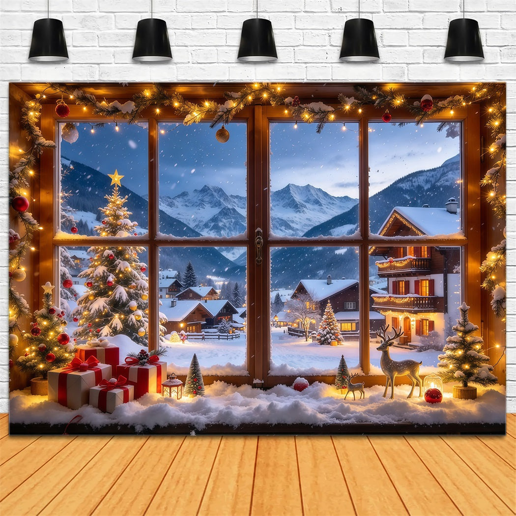 Winterlicher Weihnachtshintergrund Verschneites Alpen Dorf Fenster GQ610-27