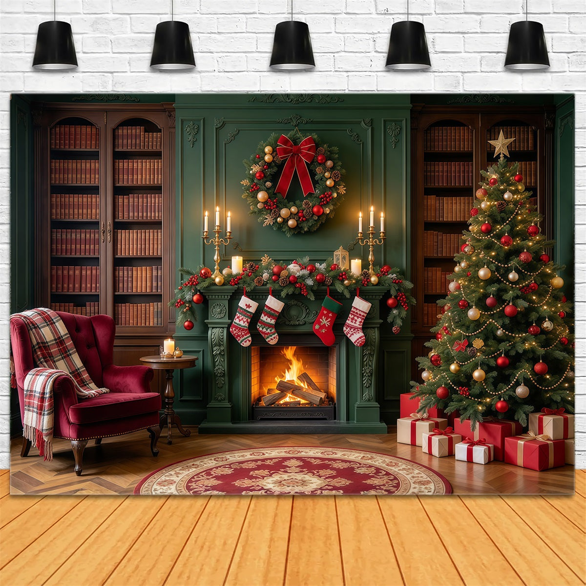 Weihnachtskamin Hintergrund Vintage Smaragdgrüne Bibliothek Weihnachtssocken GQ610-30