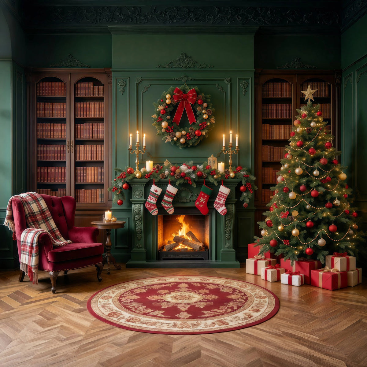 Weihnachtskamin Hintergrund Vintage Smaragdgrüne Bibliothek Weihnachtssocken GQ610-30