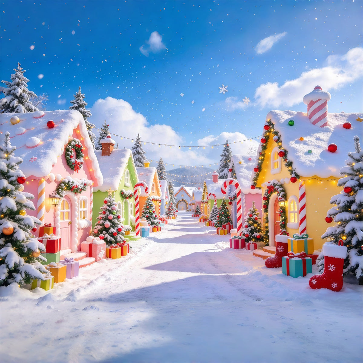 Weihnachtsdorf Hintergrund Pastellfarbenes Süßigkeitenhäuschen Schnee GQ610-31