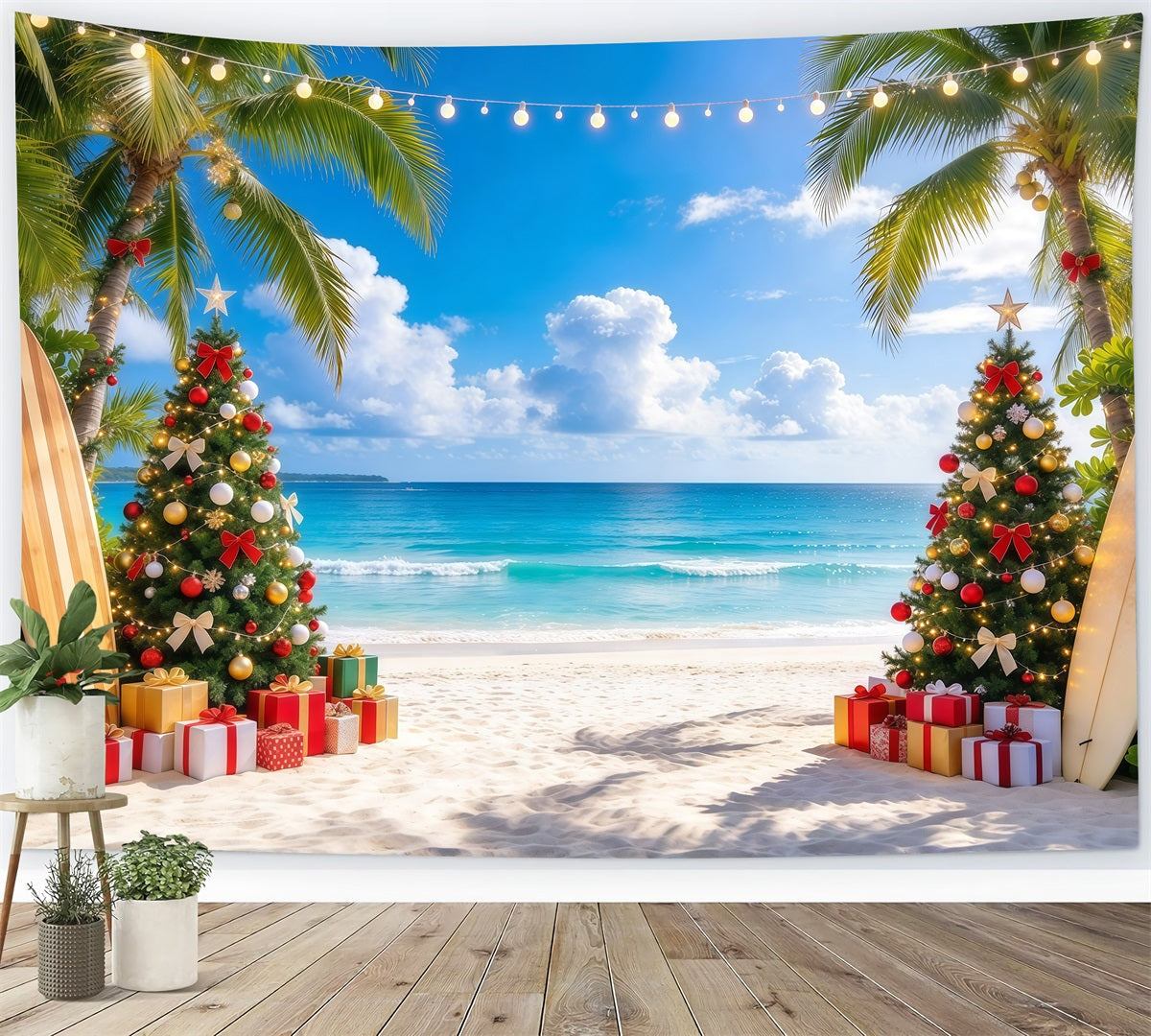 Tropischer Weihnachtshintergrund Palme Surfbrett Strand GQ610-37