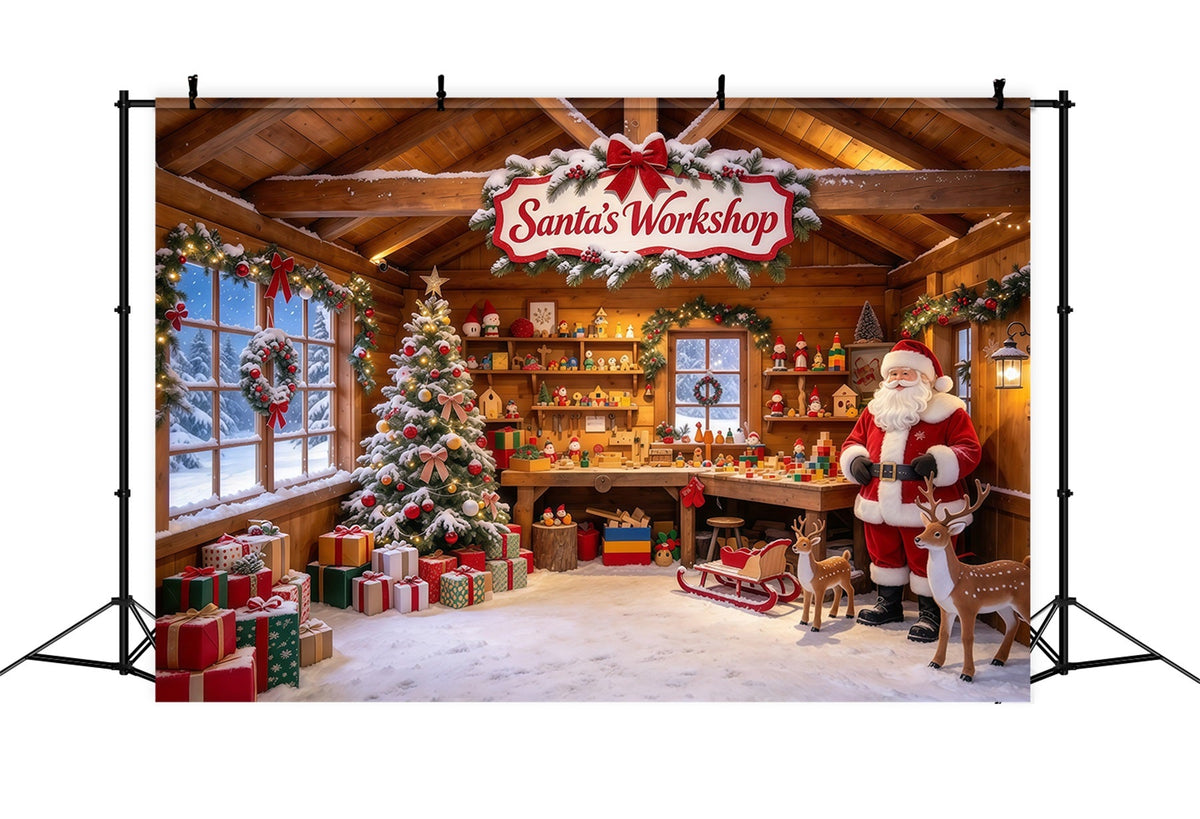 Weihnachtlicher Werkstatthintergrund Rustikale Spielzeugmacherhütte Innenraum GQ610-39