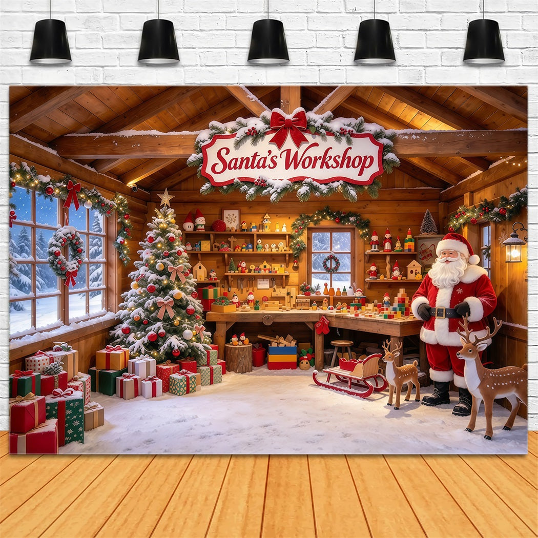 Weihnachtlicher Werkstatthintergrund Rustikale Spielzeugmacherhütte Innenraum GQ610-39