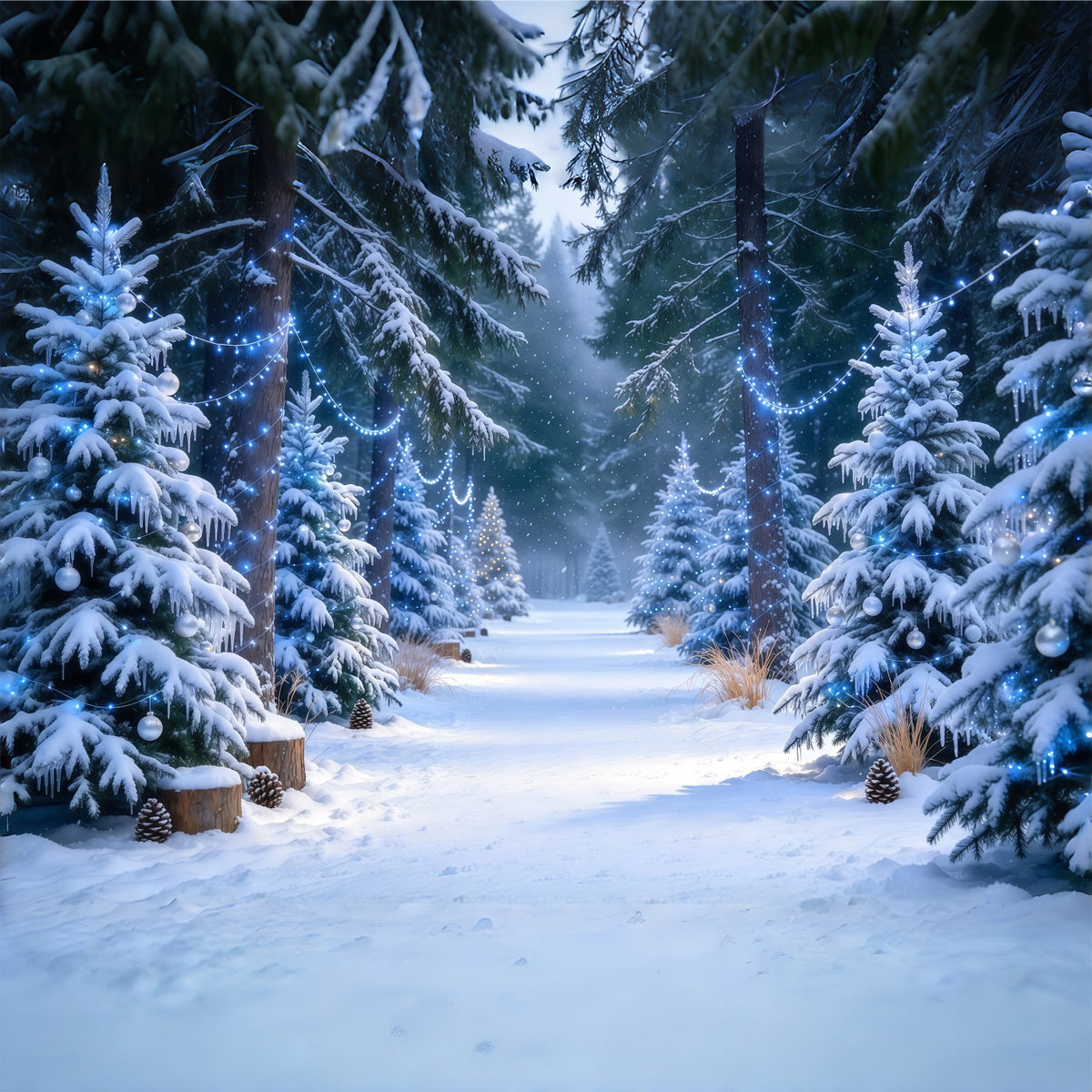 Weihnachtsbaumfarm Hintergrund Blau Leuchtender Verschneiter Kiefernwald GQ610-46