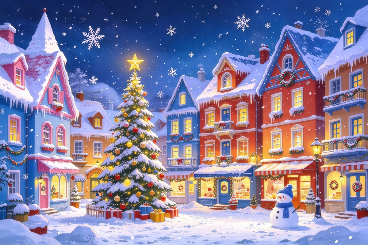 Weihnachtsstadt Hintergrund Bunter Verschneiter Dorfplatz GQ610-47