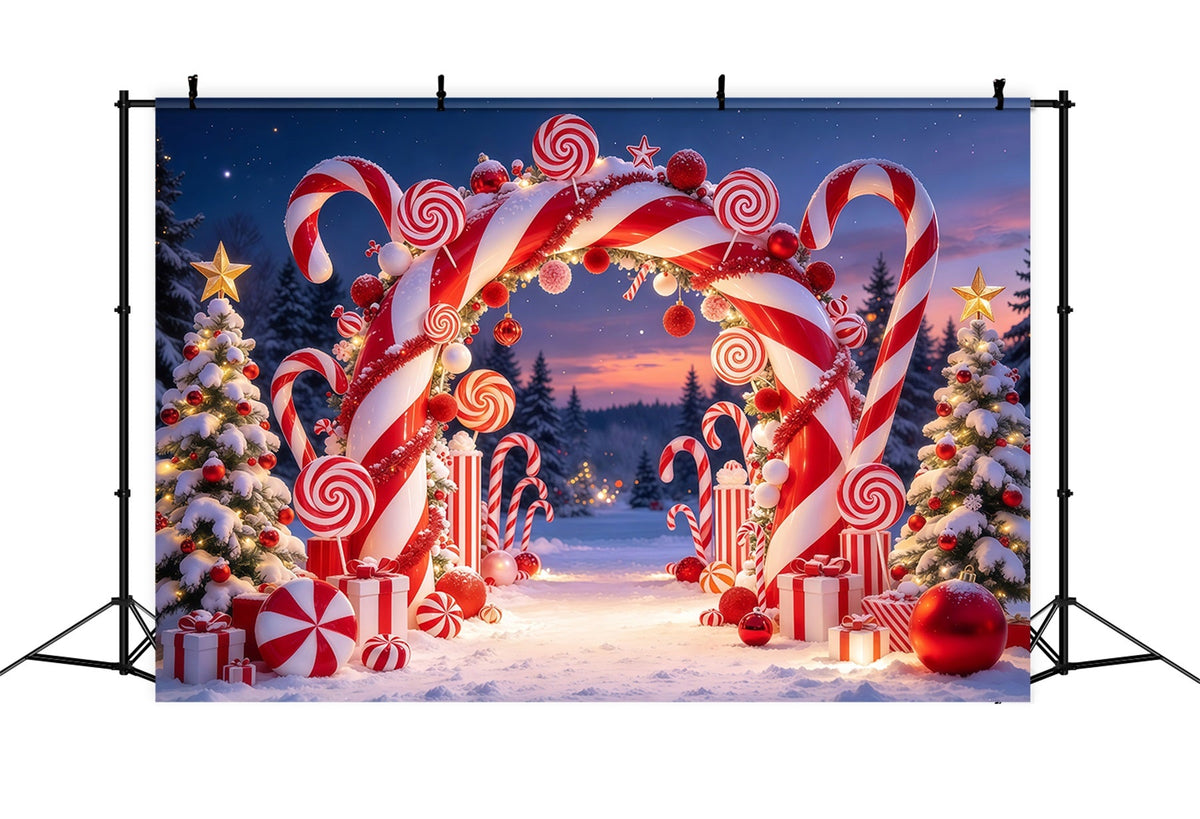 Weihnachtlicher Zuckerstangen Hintergrund Verschneiter Süßigkeitenland Torbogen GQ610-48