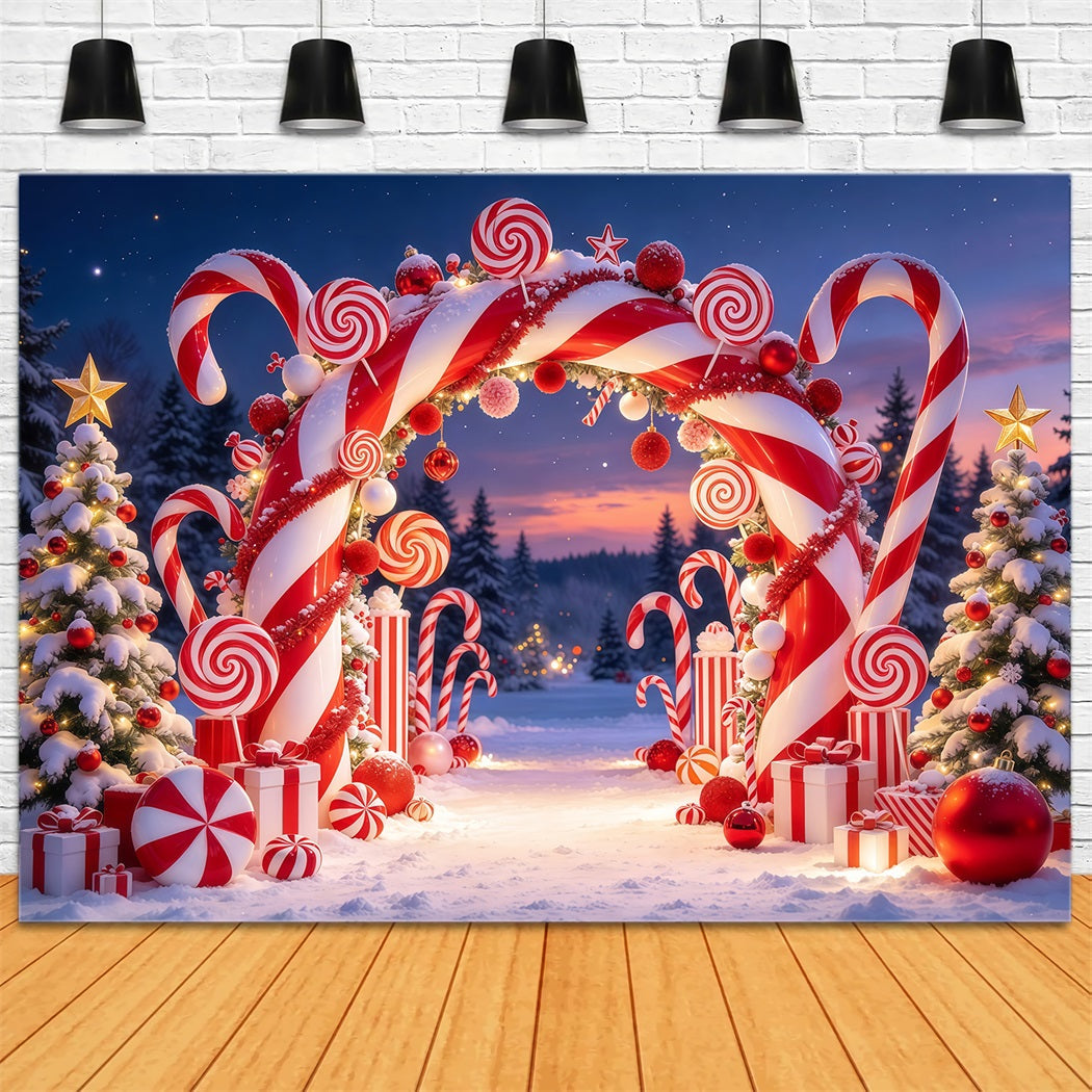 Weihnachtlicher Zuckerstangen Hintergrund Verschneiter Süßigkeitenland Torbogen GQ610-48