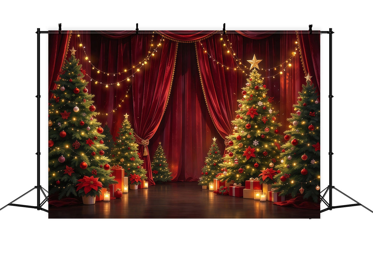 Weihnachtlicher Bühnenhintergrund Karmesinroter Vorhang Immergrüne Dekoration GQ610-49