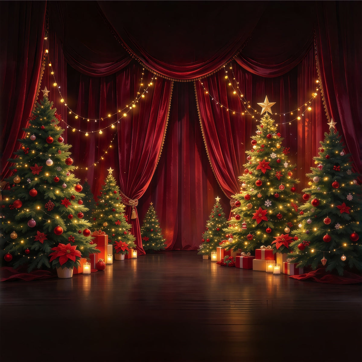 Weihnachtlicher Bühnenhintergrund Karmesinroter Vorhang Immergrüne Dekoration GQ610-49