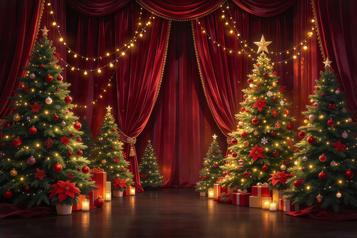 Weihnachtlicher Bühnenhintergrund Karmesinroter Vorhang Immergrüne Dekoration GQ610-49