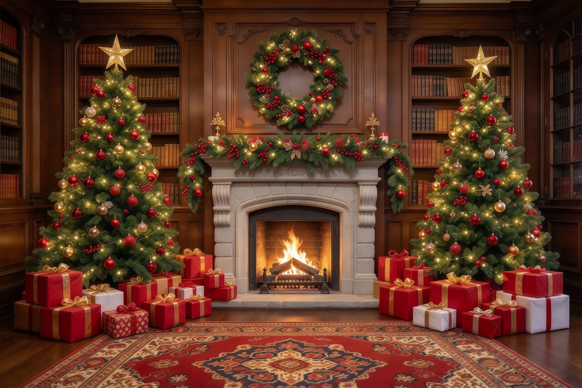 Weihnachtlicher Fotohintergrund Zwei Weihnachtsbäume Festlicher Kamin GQ610-51
