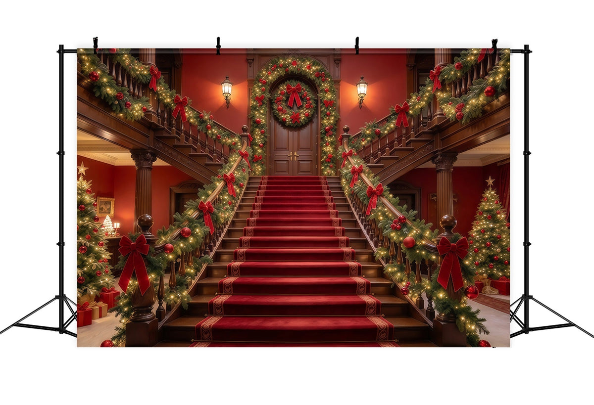 Weihnachtlicher Szenenhintergrund Girlandengeschmückte Treppe Roter Teppich GQ610-55