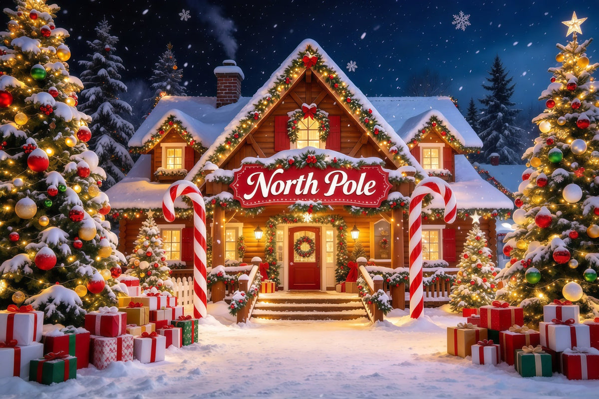Nordpol Fotohintergrund Verschneite Hütte Zuckerstangenbogen GQ610-6
