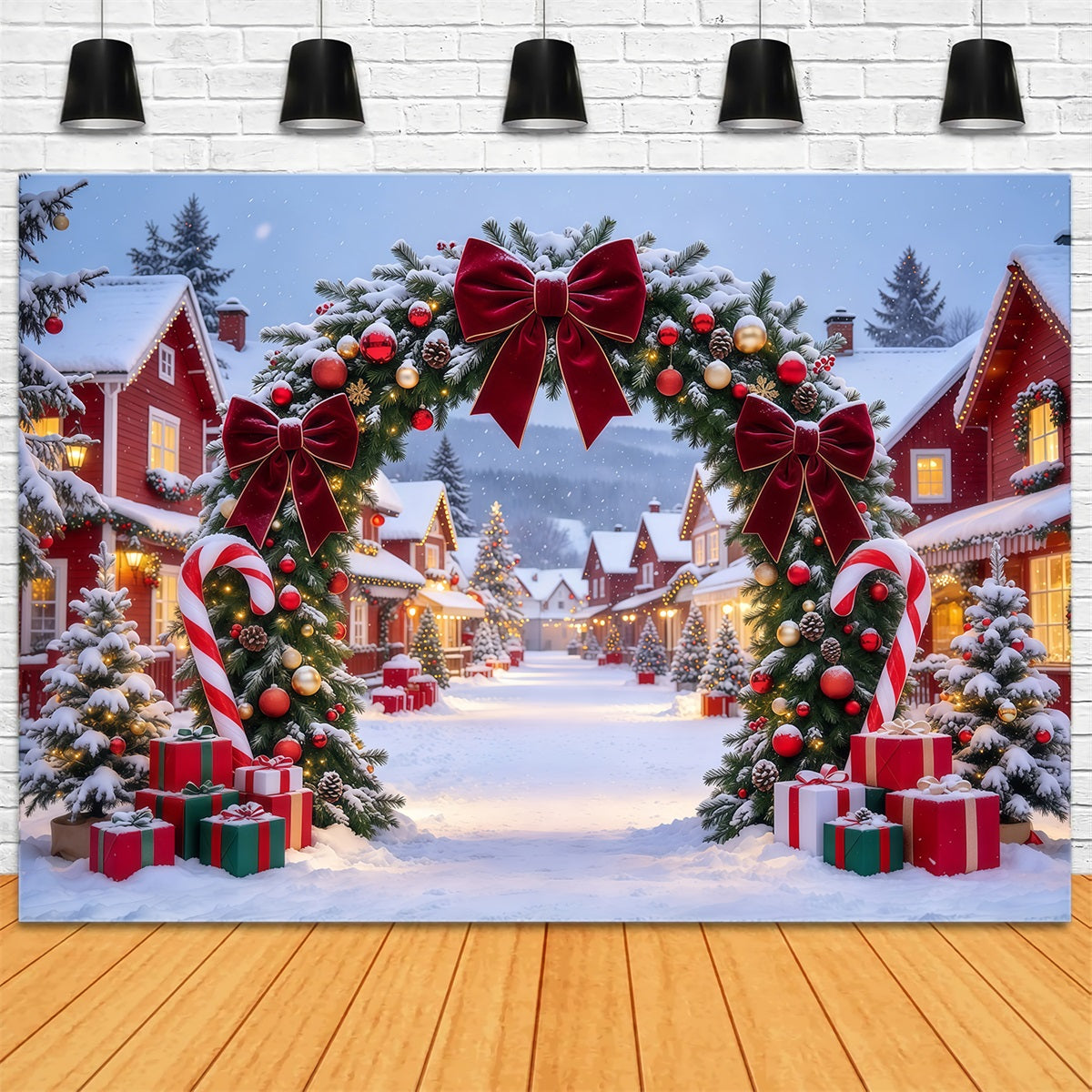 Weihnachtsdorf-Hintergrund Burgunderrote Schleife Zuckerstangen-Torbogen GQ610-62