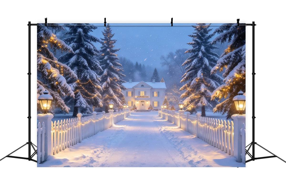 Weihnachtslichter-Fotohintergrund Verschneiter Laternenweg Mit Lattenzaun GQ610-72
