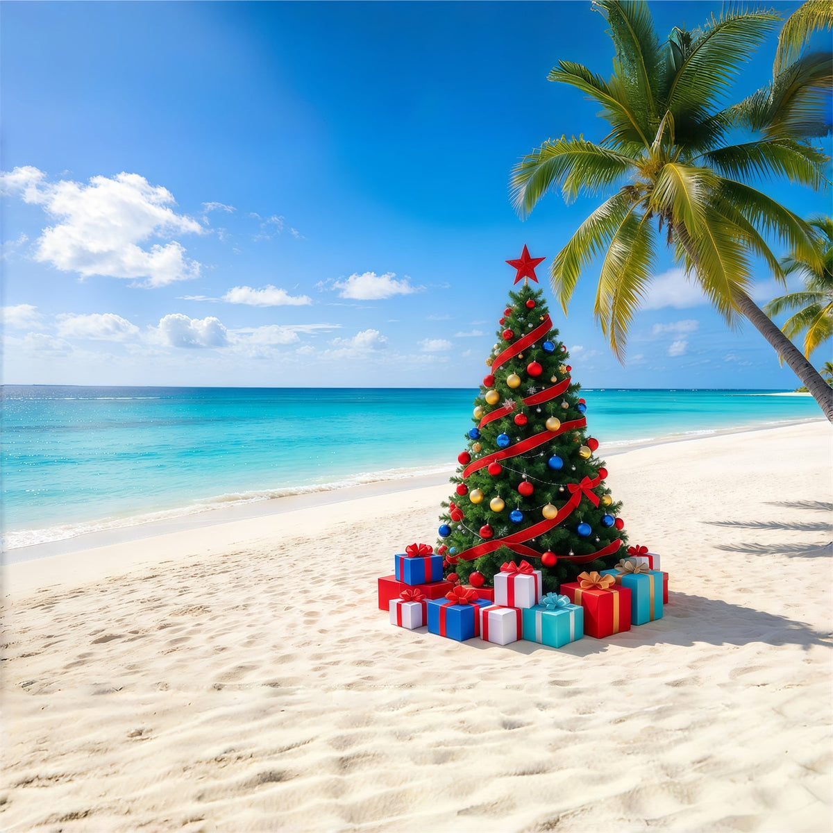 Weihnachtsbaum-Hintergrund Tropischer Strand Geschmückter Baum GQ610-79
