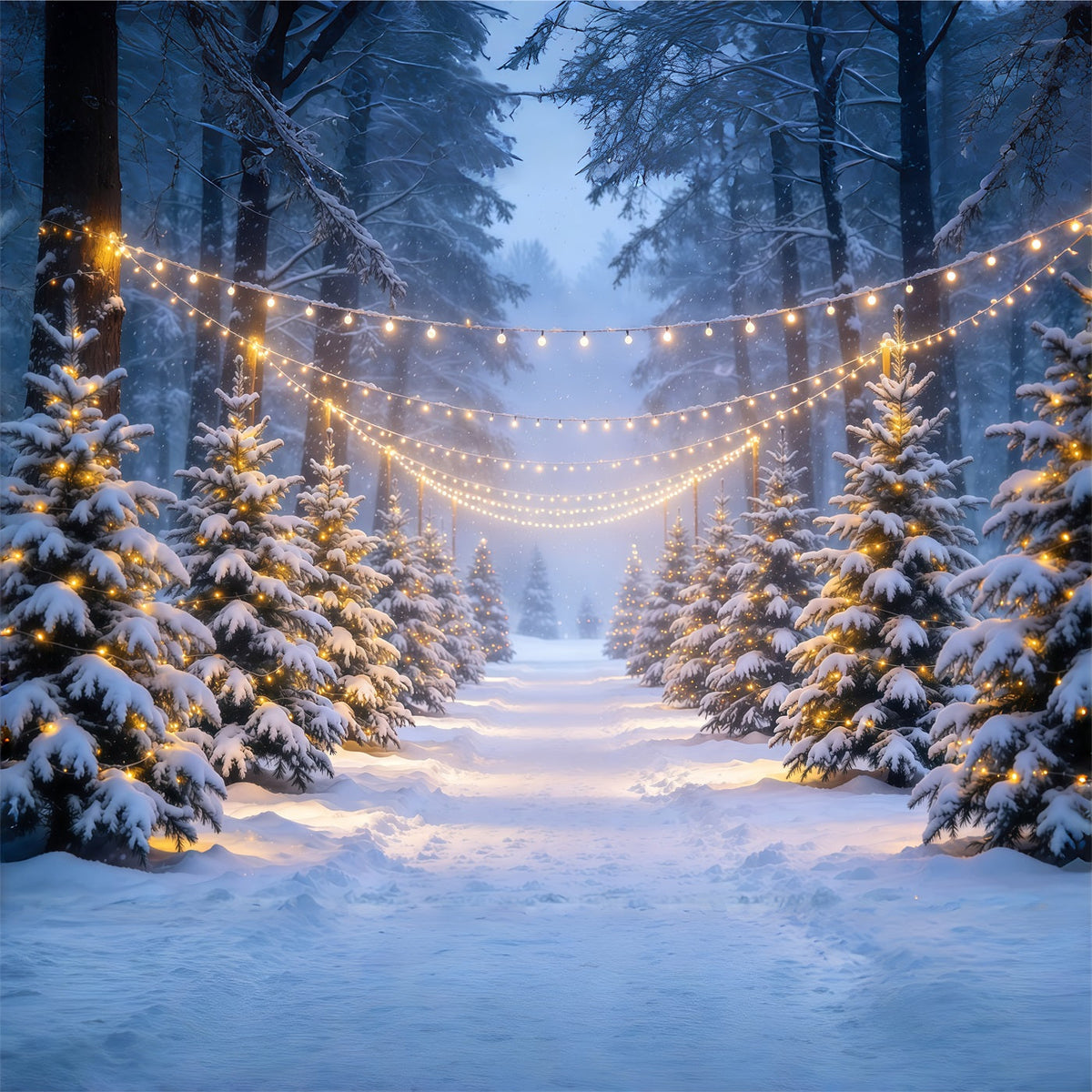 Weihnachtswald-Hintergrund Verschneiter Wald Leuchtende Lichter GQ610-80