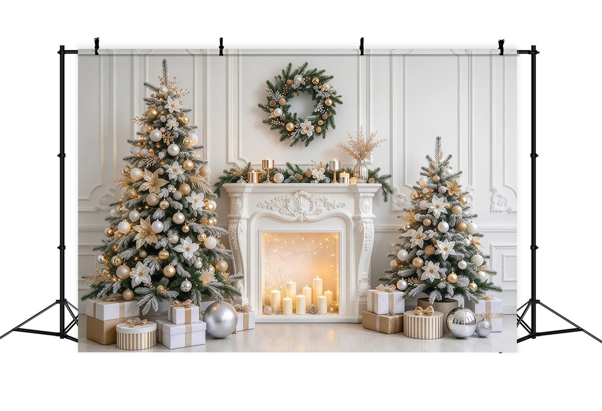 Weihnachtlicher Fotohintergrund Eleganter Weiß-Goldener Kamin GQ610-84