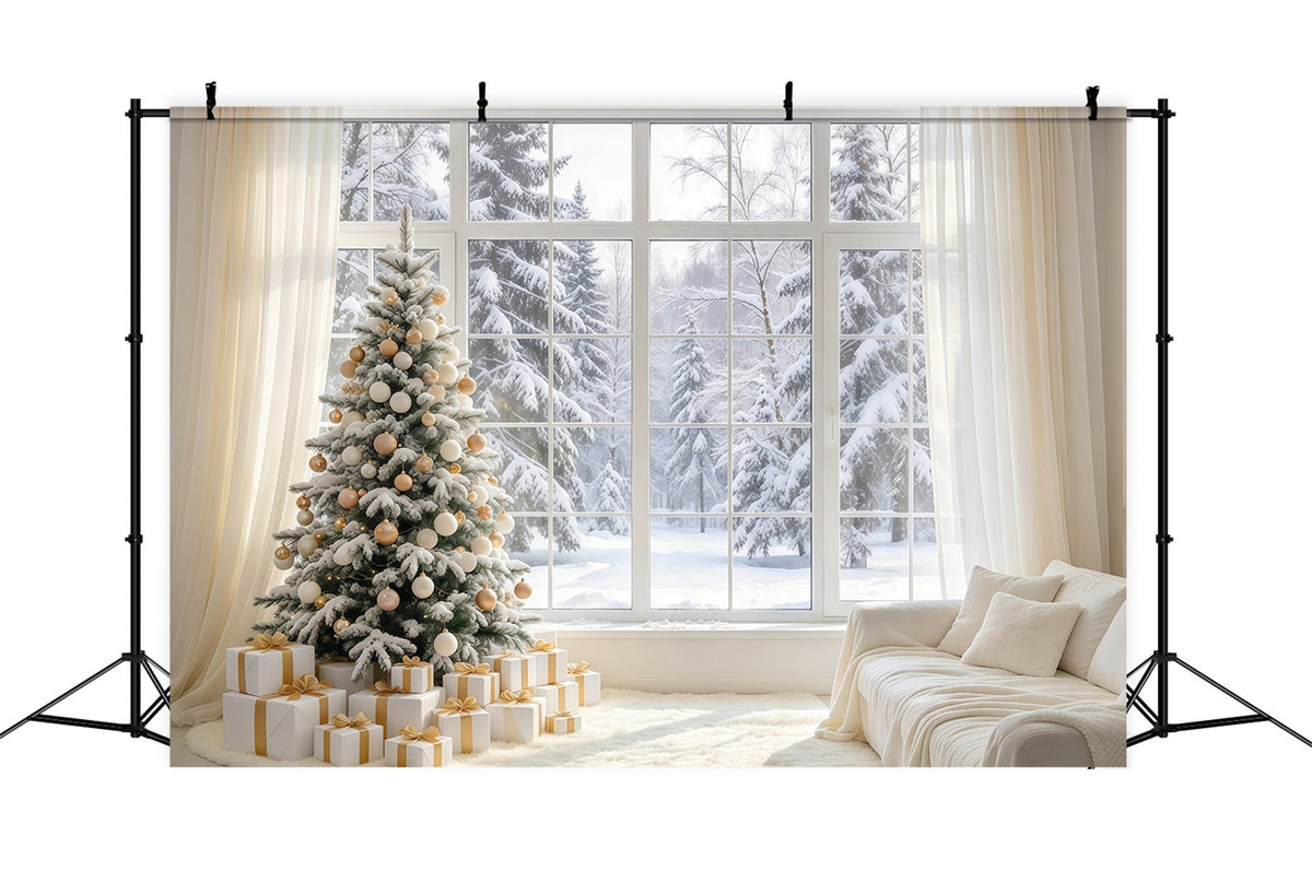 Weißer Weihnachtshintergrund Elfenbein-Goldenes Fenster Winteridylle GQ610-88